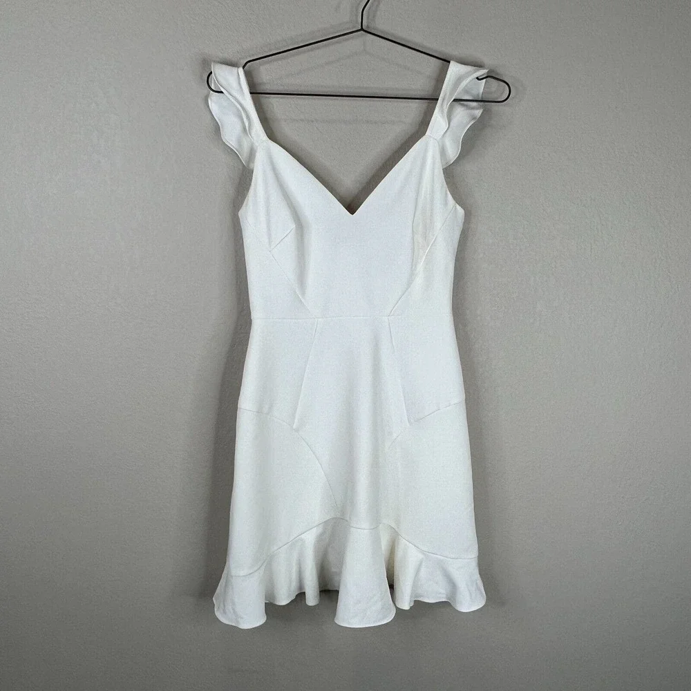 Aidan Mattox Mini Dress‎ Size 0 Ivory Ruffled Sleeveless Stretch Crepe Cocktail